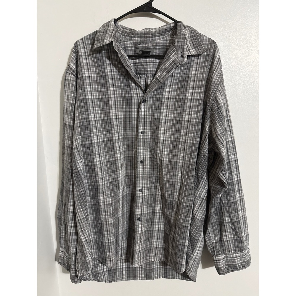 Spring + Mercer Mens XXL Plaid Button Down Shirt Grey Black Long Sleeve